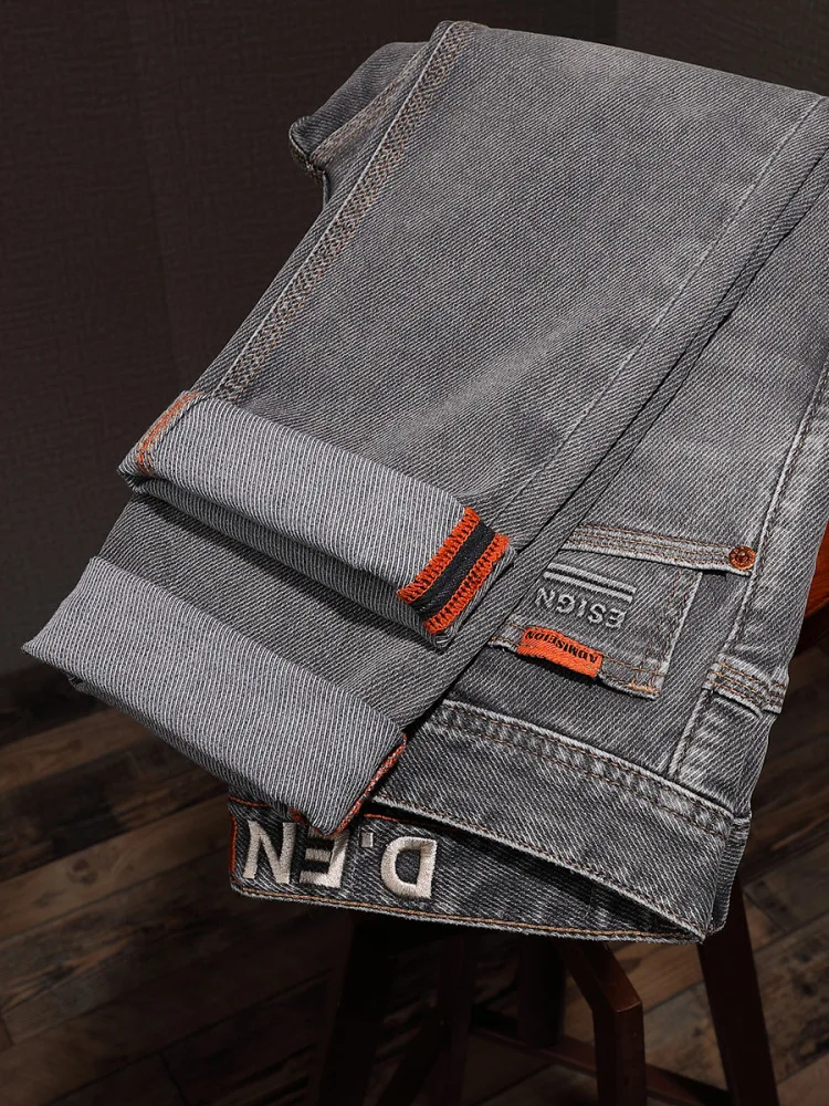 Pantalones vaqueros de tela de sarga suave de alta gama para hombre, pantalones elásticos pequeños de pierna recta, informales, a la moda, ligeros y de lujo