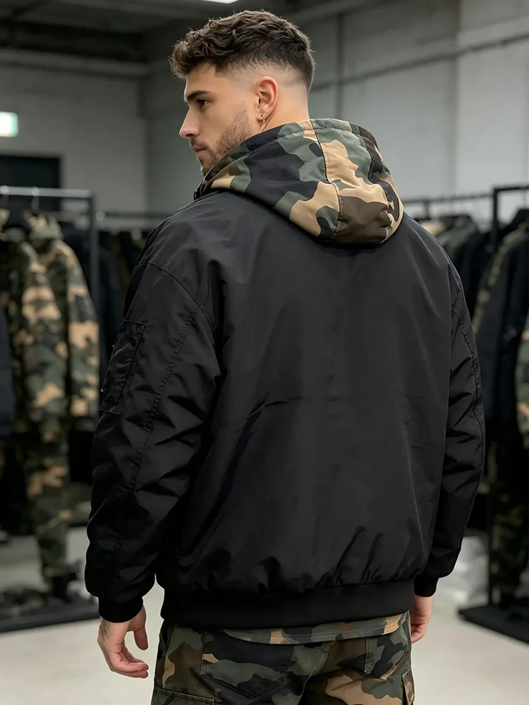 

American street outdoor style workwear camouflage hooded zipper sweatshirt, two sided men's sweatshirt jacket, cool and handsome