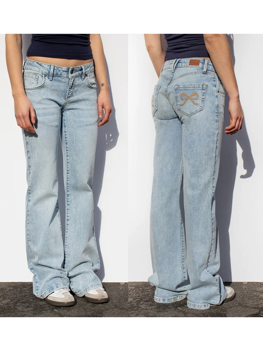 Modische Flare-Jeans für Damen, niedliche Schleife, Stickerei, niedrige Leibhöhe, Denim-Hose, Schlaghose