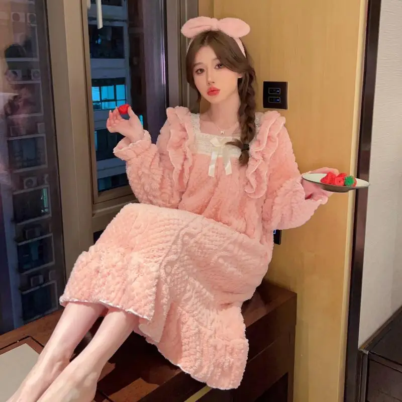 

Ночная рубашка из кораллового флиса, женские пижамы, осенне-зимняя новая модель, одежда для сна с длинными рукавами, фланелевый хлопковый пижамный комплект, пижамы, домашняя одежда