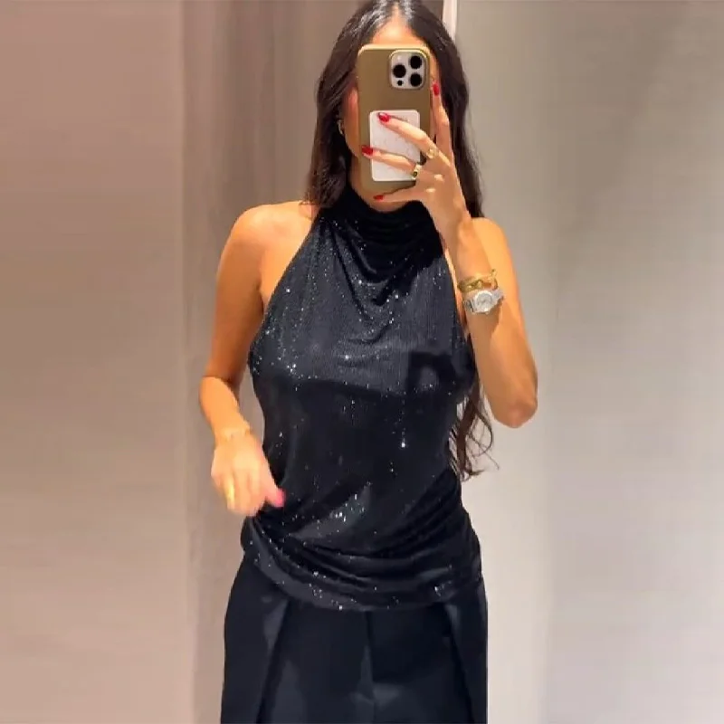 

Шикарные топы с лямкой на шее и блестками, сексуальные элегантные блузки без рукавов с высоким воротом, женские осенние вечерние стильные женские вечерние уличные одежды