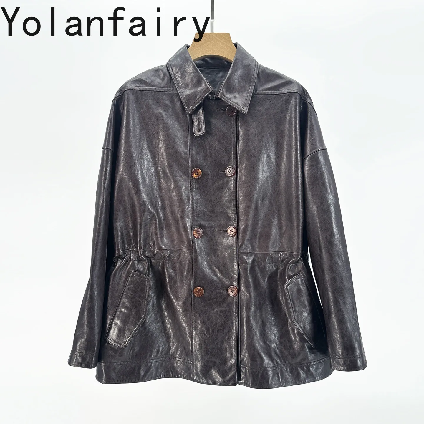 YOLANFAIRY Top Layer Sheepskin Real Leather Trench Coats for Woman Beautiful 100% Genuine Leather Jacket Women Casual Outerwear