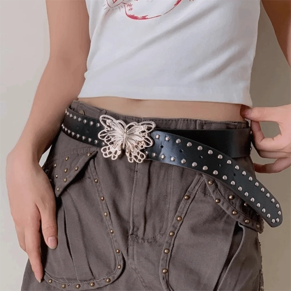 Retro Jeans Decor Butterfly Waist Belt Y2k Korean Style Rivet Belt Leather Wide Pu Waistbands Trouser Decoration