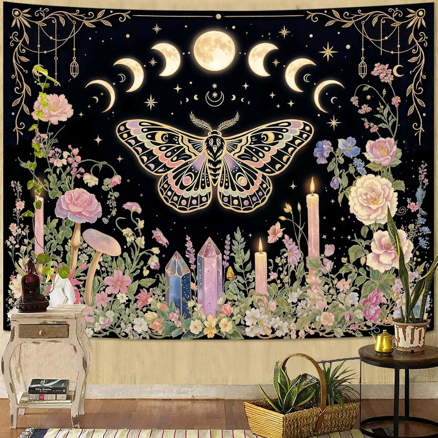 Butterfly Tapestry Wall Hanging Moon Phases Floral Candle Crystal Black and Pink Tapestries for Bedroom Aesthetic Wallpaper view 2