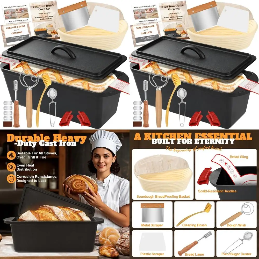 

3.2QT Cast Iron Dutch Oven with Lids and Handles for Sourdough Bread, Cakes, and Meatloaf