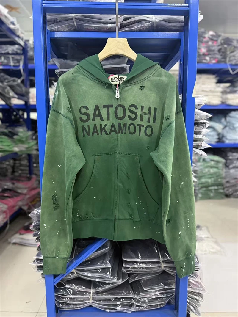 New SN Letter Printed Washed Retro Distressed Hole Splashed Ink Zipper Hoodie Street Casual Cotton Loose Versatile Sports Top