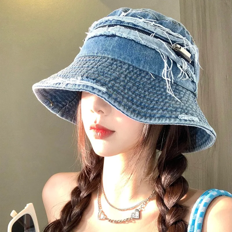 Korean Version of Ripped Denim Bucket Hat Spring and Summer Fashion Zipper Design Sunshade Wide Brim Basin Caps for Women