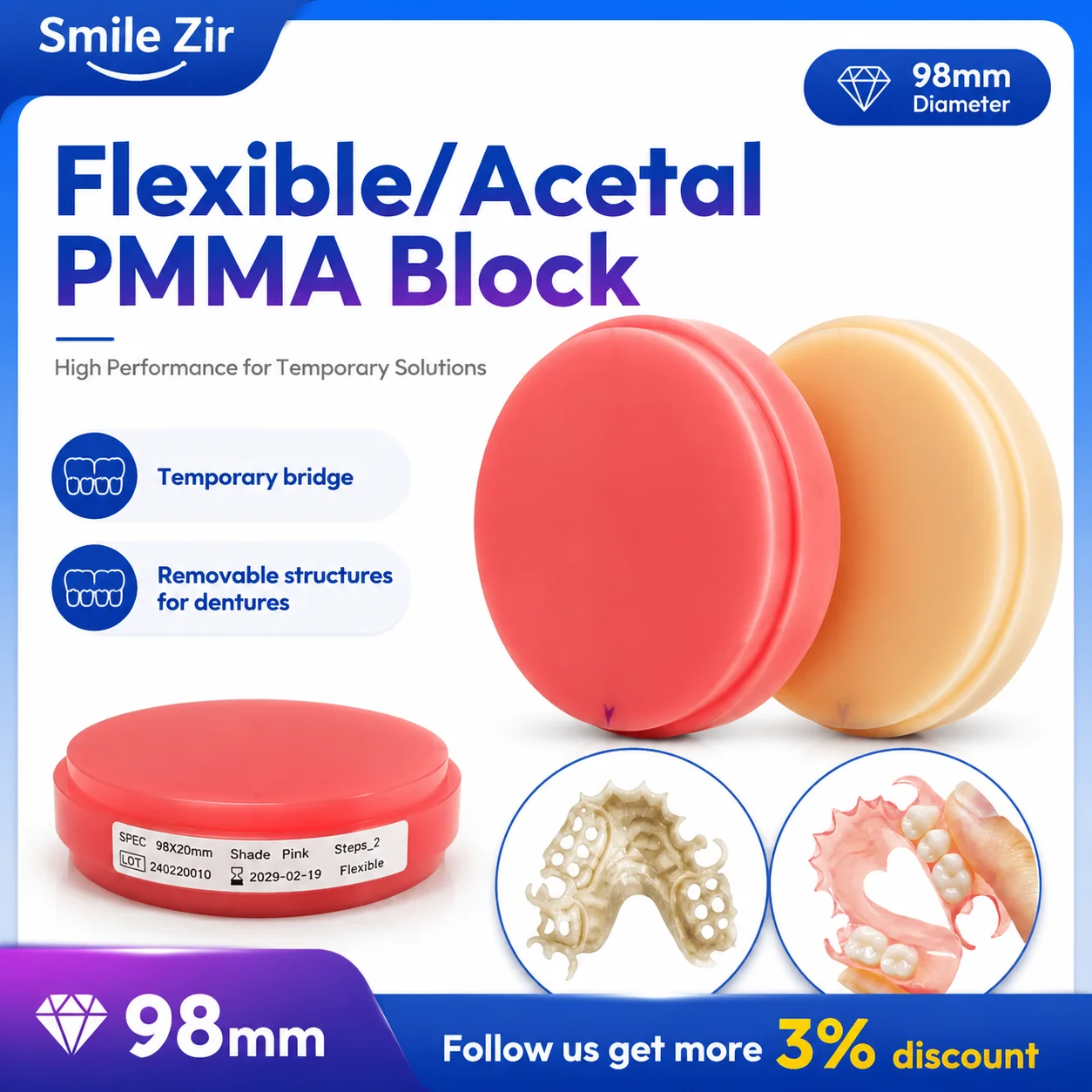 98mm Dental Flexible Pink PMMA Disc Dental Acetal Pink PMMA Block Dental Lab Soft Clear Transparent PMMA Resin Milling Block