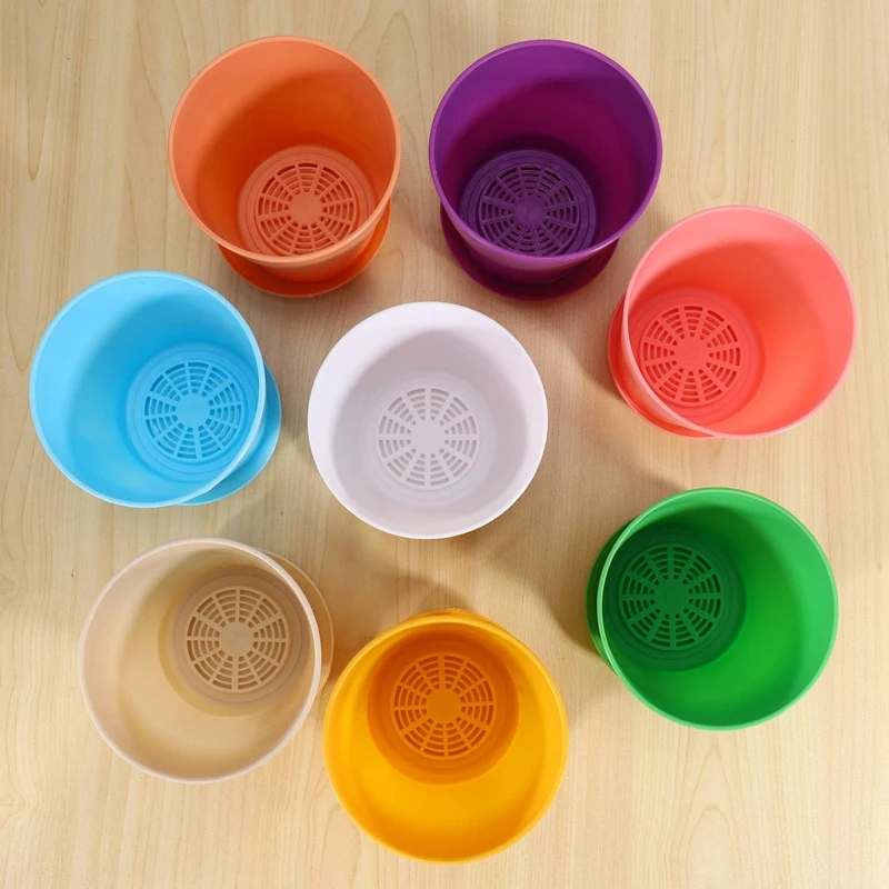ABJT-8 Pcs 4 Inch Small Plant Pots Colorful Plastic Flower Pots Indoor Plant Pots For Office House Desk With Pallet/Trays (Blue,