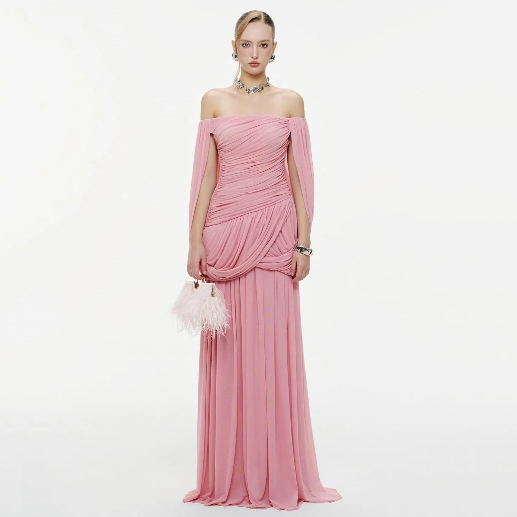 

Bafftafe Pink Chiffon Evening Gowns Customized Pleated Prom Dress Off The Shoulder Women's Formal Occasion Party Birthday Gowns