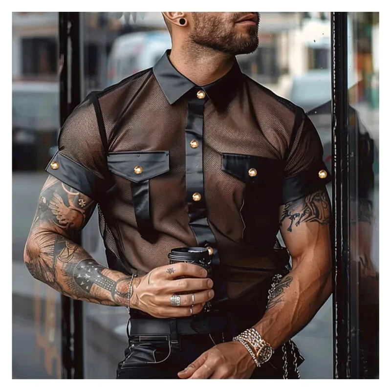 

Men Shirt Mesh Patchwork Transparent Lapel Short Sleeve Sexy Summer Button Iining Black Vintage 2024 Fashion Casual Men Clothing