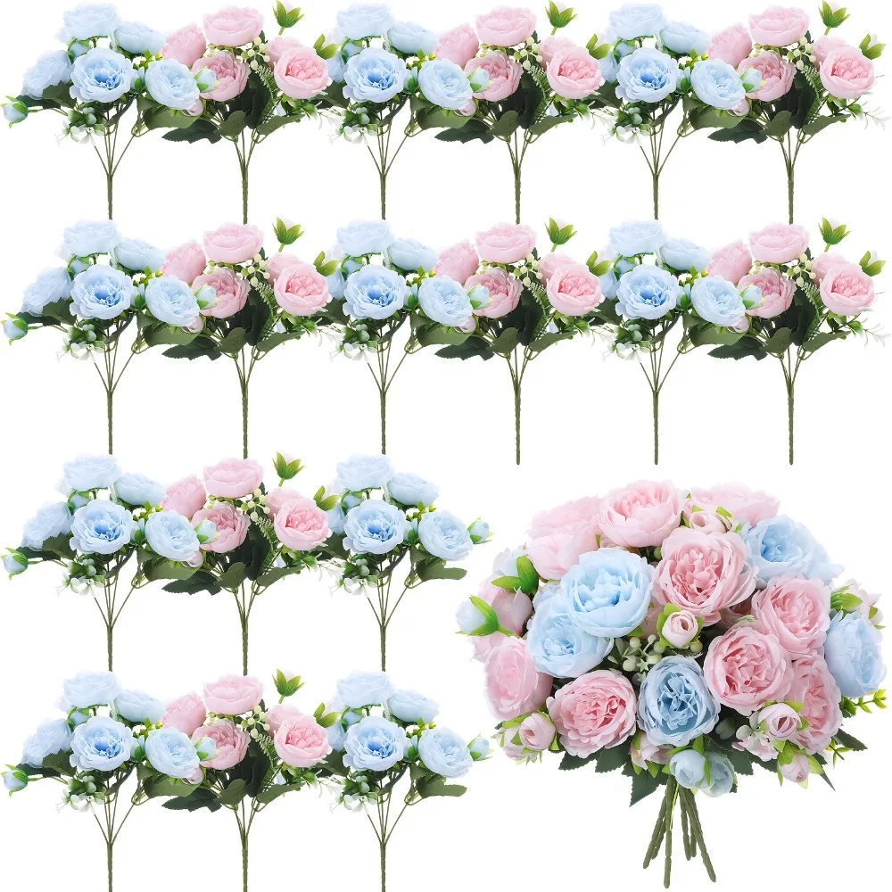 

16 Bundles Artificial Peonies Flowers Fake Peony Bouquet Faux Peonies Flowers Bulk for Decoration Vase Floral Arrangements Wedding Party Table (Light Pink, Light Blue)