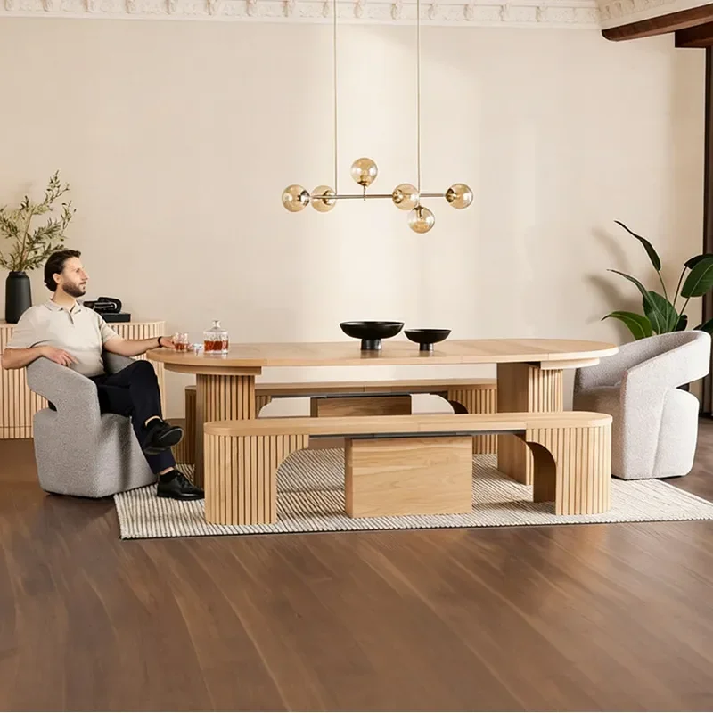 Nordic Solid Wood Telescopic Folding Storage Bench Multi-functional Invisible Dining Table and Chair Combo for Small