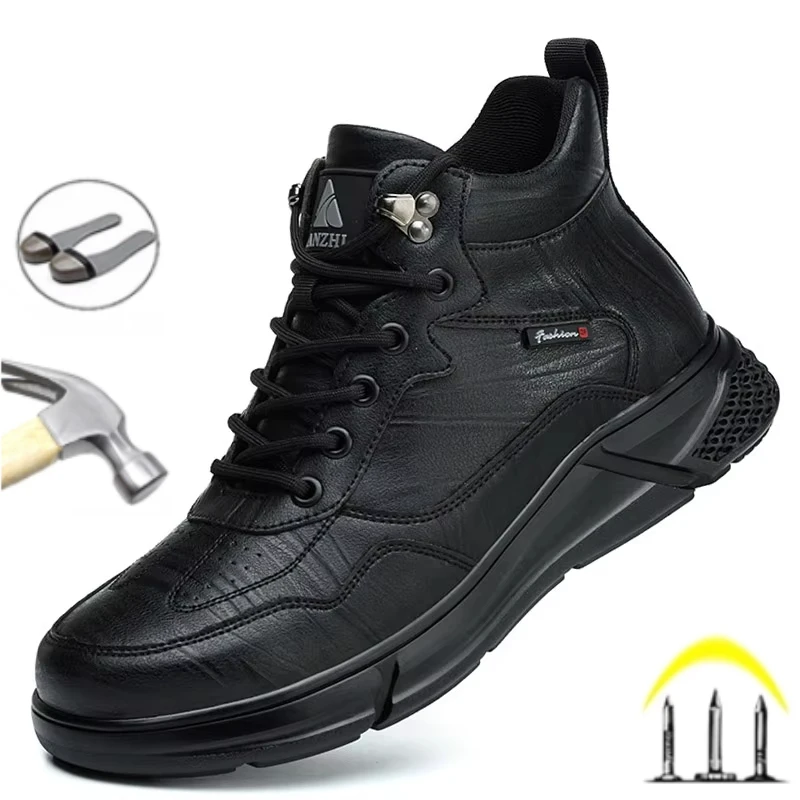 New 2025 Anti Scalding Black Leather Mens Safety Work Boots Anti Smashing Steel Toe Cap Wear-resistant Construction Safety Shoes