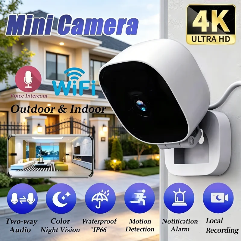 Hot Sale Smart Mini 4K Security Camera Full Color Night Vision WiFi IP65 Waterproof Motion Detection 2-Way Audio Outdoor Indoor
