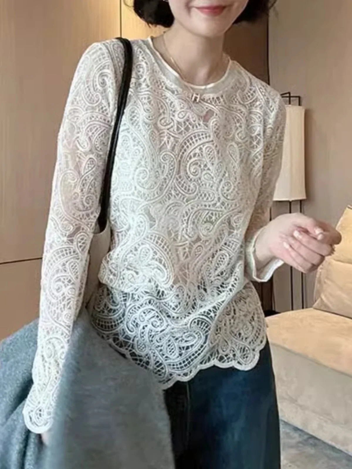 

Весна 2023, женский длинный кружевной топ све све, ажурный базовый слой, топ с тяжелыми украшениями и цветочным принтом, большой размер
