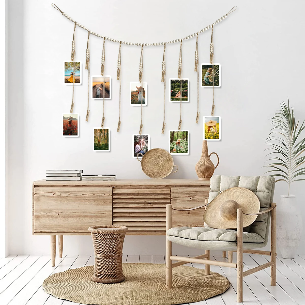 Photo Frame Display Cases Wall Picture Mats Photos Hanging Rack with Clip Heart Charm Wooden Bead Hemp Rope Display Rack