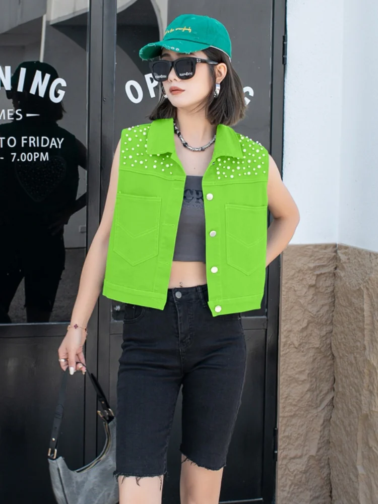 Wiosenno-jesienna koreańska, swobodna, wytrzymała kamizelka dżinsowa z ozdobnymi serduszkami, top damski, zdobiona diamentami.