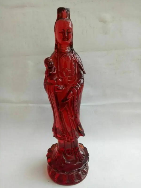 

24cm*/China Rare Old Amber Carving Efficacy Kwan-Yin Send You Child Noble Statue