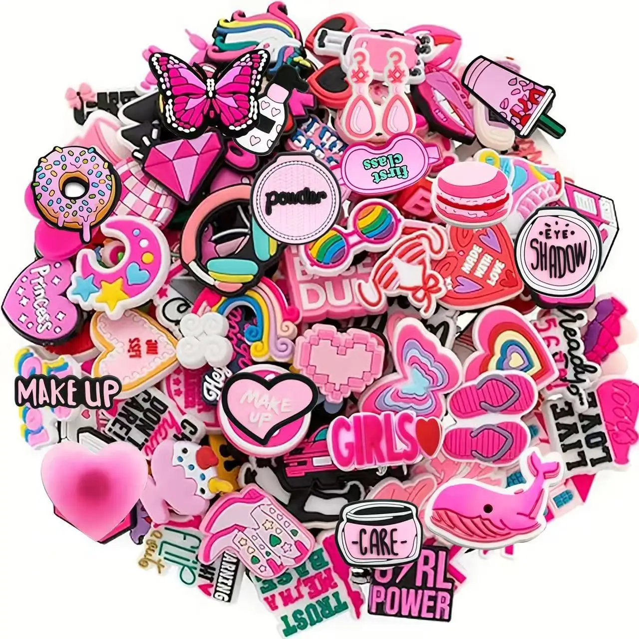 30/50/200/pcs Series Random Pink Series Shoe Charms Set For Clogs Bogg Bag Bubble Slides Sandals, PVC Shoe Decorations Beach Bag