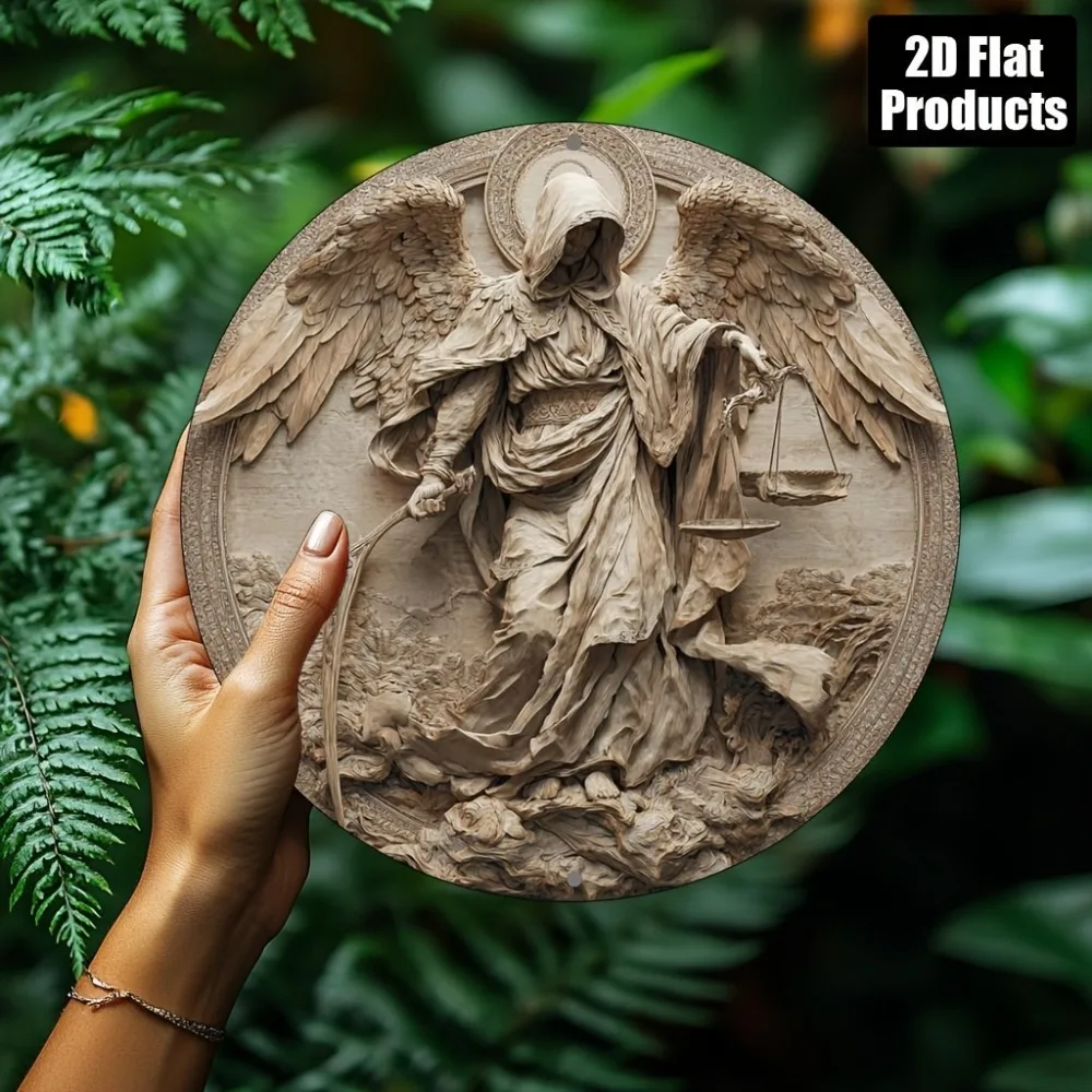 2D1PC Zoll großes rundes Aluminium-Metallschild mit Engelsmotiv des Gerechtigkeitsengels für Zuhause, Bar, Café, Büro, Wanddekoration, Halloween, Weihnachtsgeschenk
