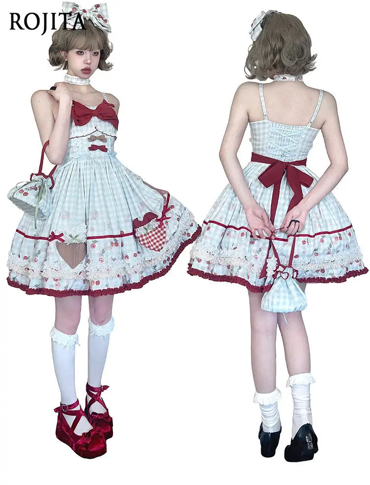 

Sweet Cherry Lolita JSK Dress Light Blue Gingham Print Large Red Bow Decor Dress 2026 New Princess Puffy Dress