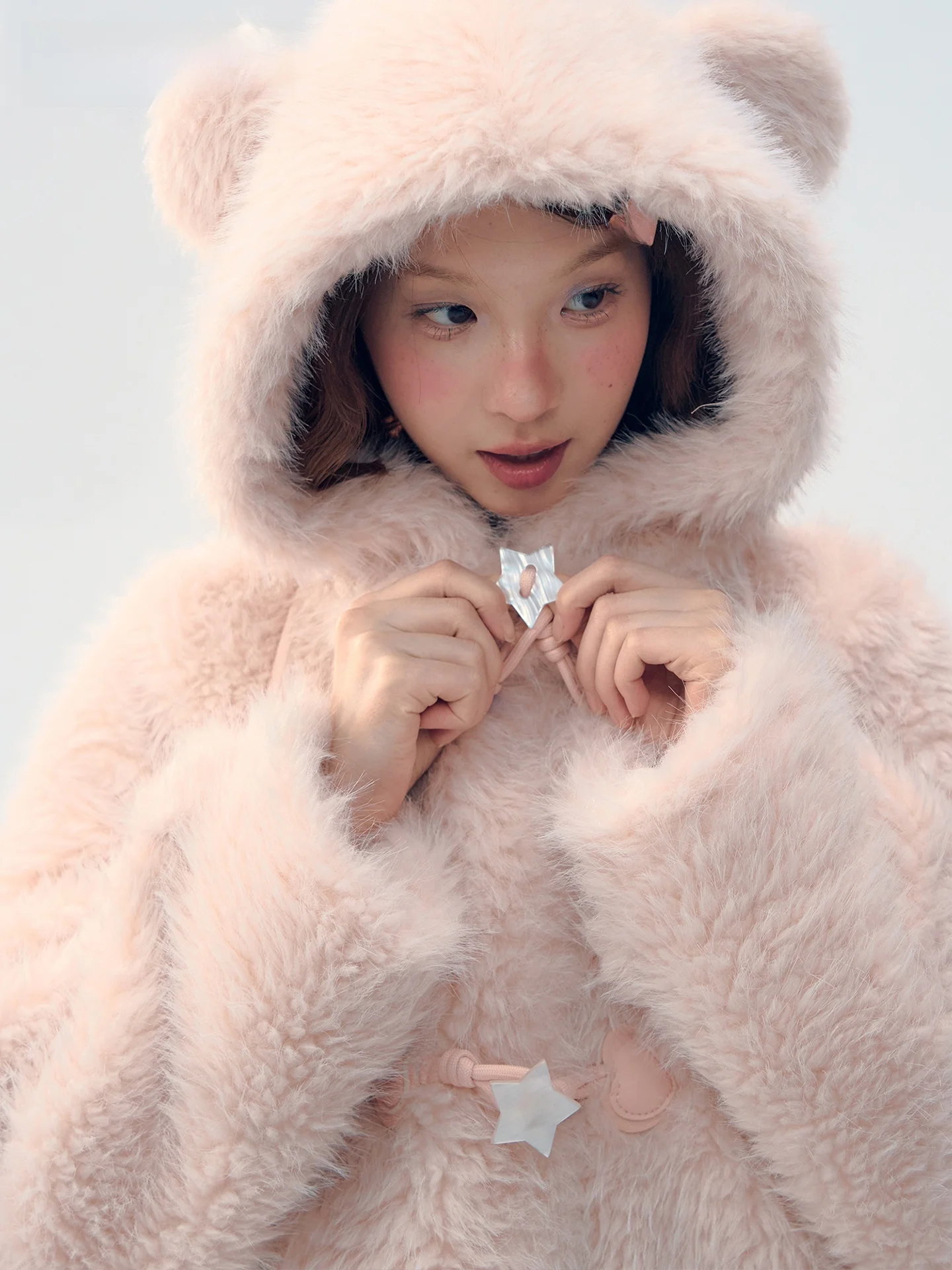 

Narratorgirls Pink Bear Star Button Faux Fur Coat Hooded Cotton Insert Medium Length Youth Fem Winter Outerwear