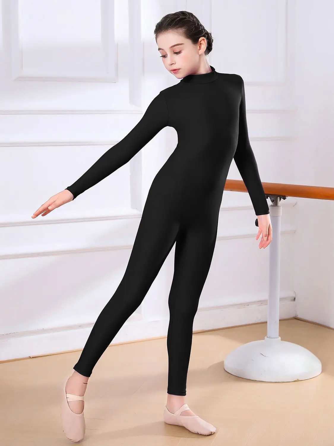 AOYLISEY Kids Ballet Skate Dance Unitard Girls Gymnastics Full Body Leotard Black Long Sleeve Bodysuit Children Jumpsuit Wear