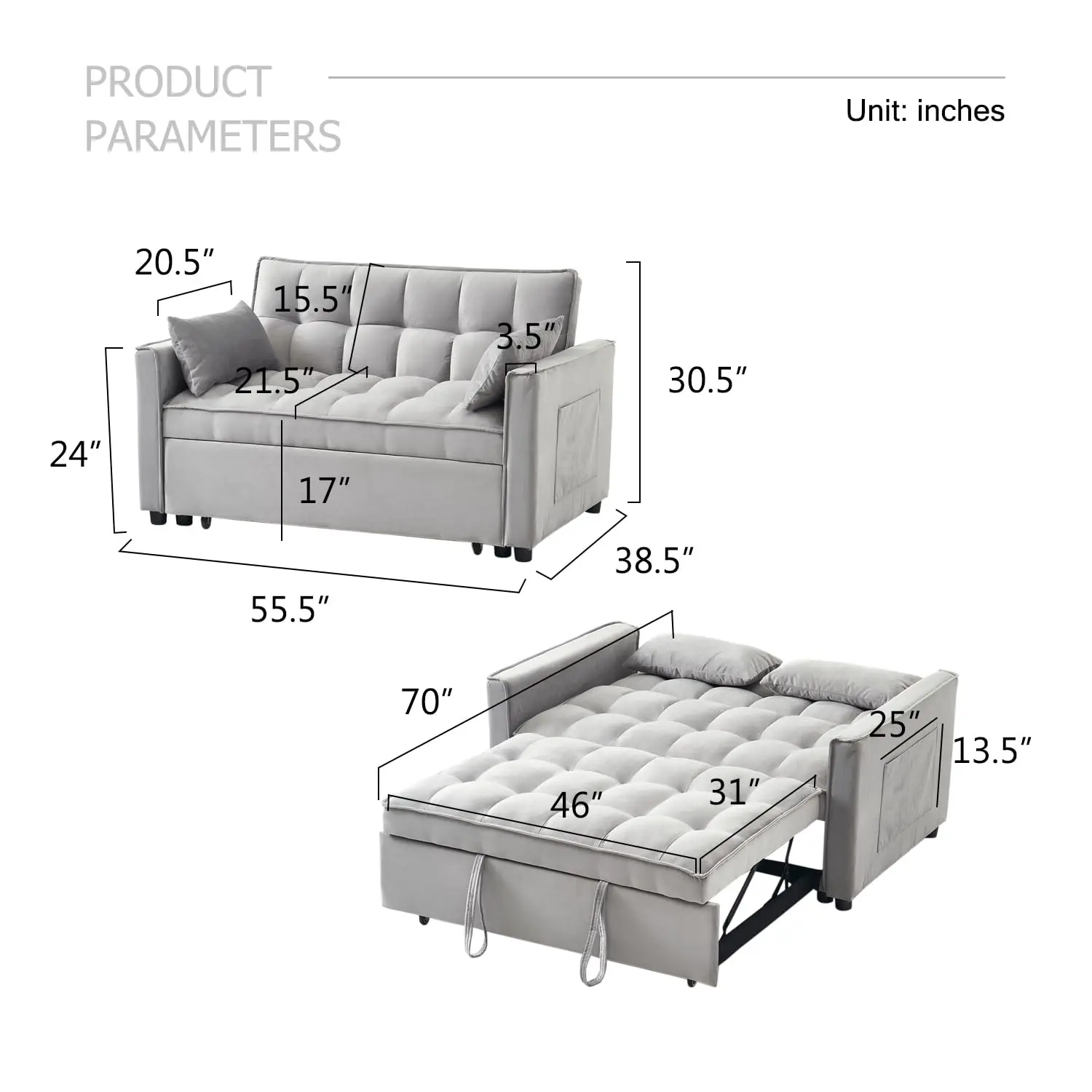 Velvet Convertible Sleeper Sofa, 3-in-1 Pull Out Bed with Pillows, Adjustable Backrest, Storage Pockets & Armrests for Living Ro