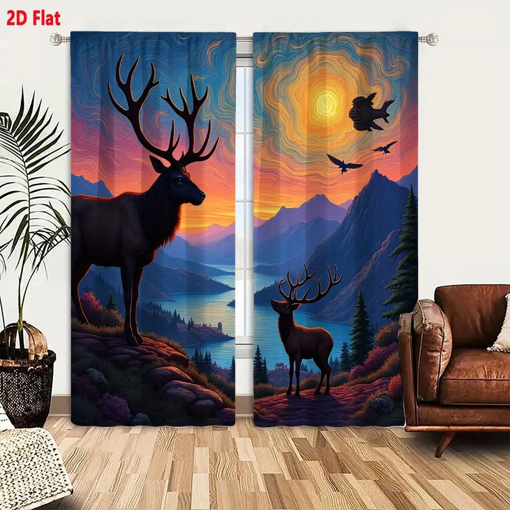 2Pcs Curtains 2D Flat Majestic Sunset Landscape Digital Painting With Ornate Deer, River, Castle, Swirling Sky, Flying Fish And