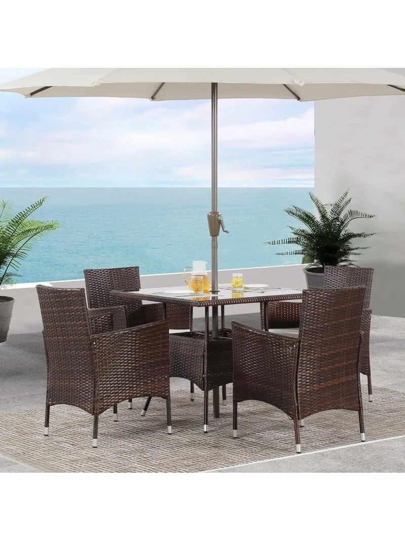 5-Piece Wicker Outdoor Table and Chairs, Patio Dining Set w/Square Glass Tabletop and Umbrella Hole, Patio Table