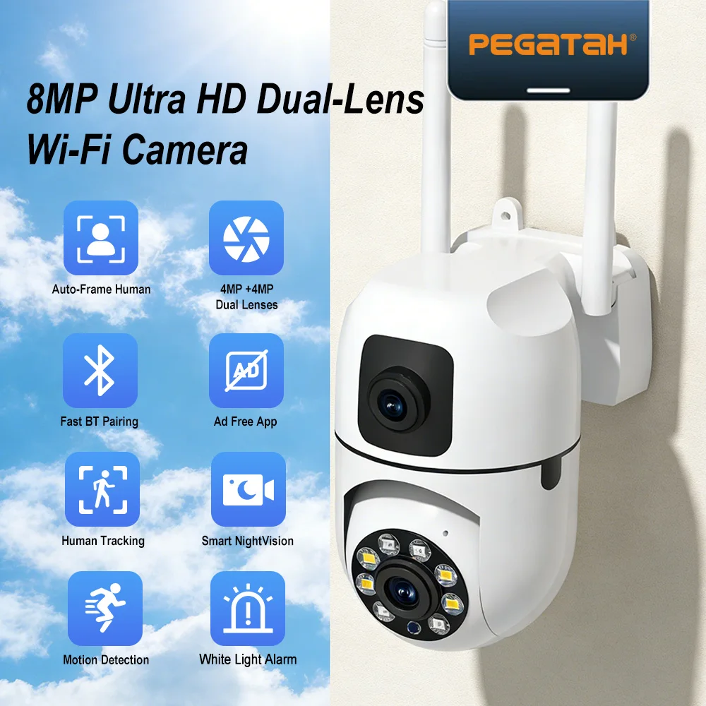 8MP Wifi Camera Dual Lens Security Wireless Outdoor Cameras Two-way Audio AI Human Tracking Color Night Vision Baby Monitor