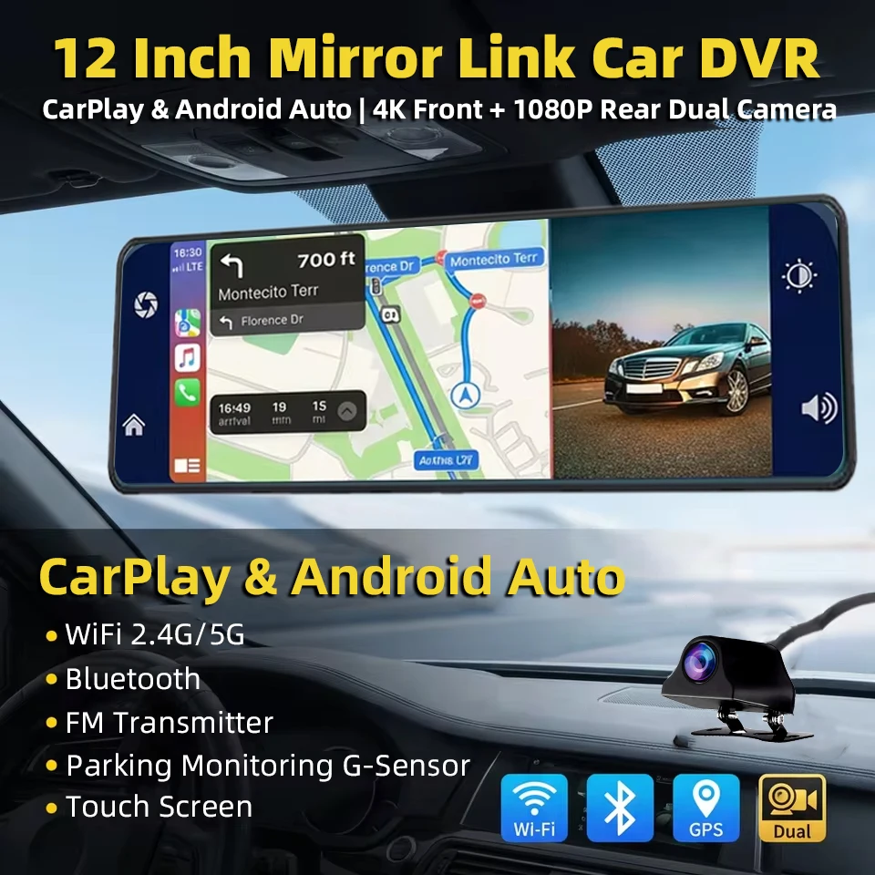 4K Mirror Dash Cam Wireless Carplay Android Auto Car DVR WiFi APP Control GPS Touch Screen Car Driving Recorder Black Box