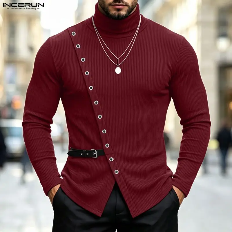 INCERUN Men's T Shirt Patchwork Turtleneck Long Sleeve Knitted Undershirt For Man Streetwear Tee Tops Fashion Casual Men Clothes