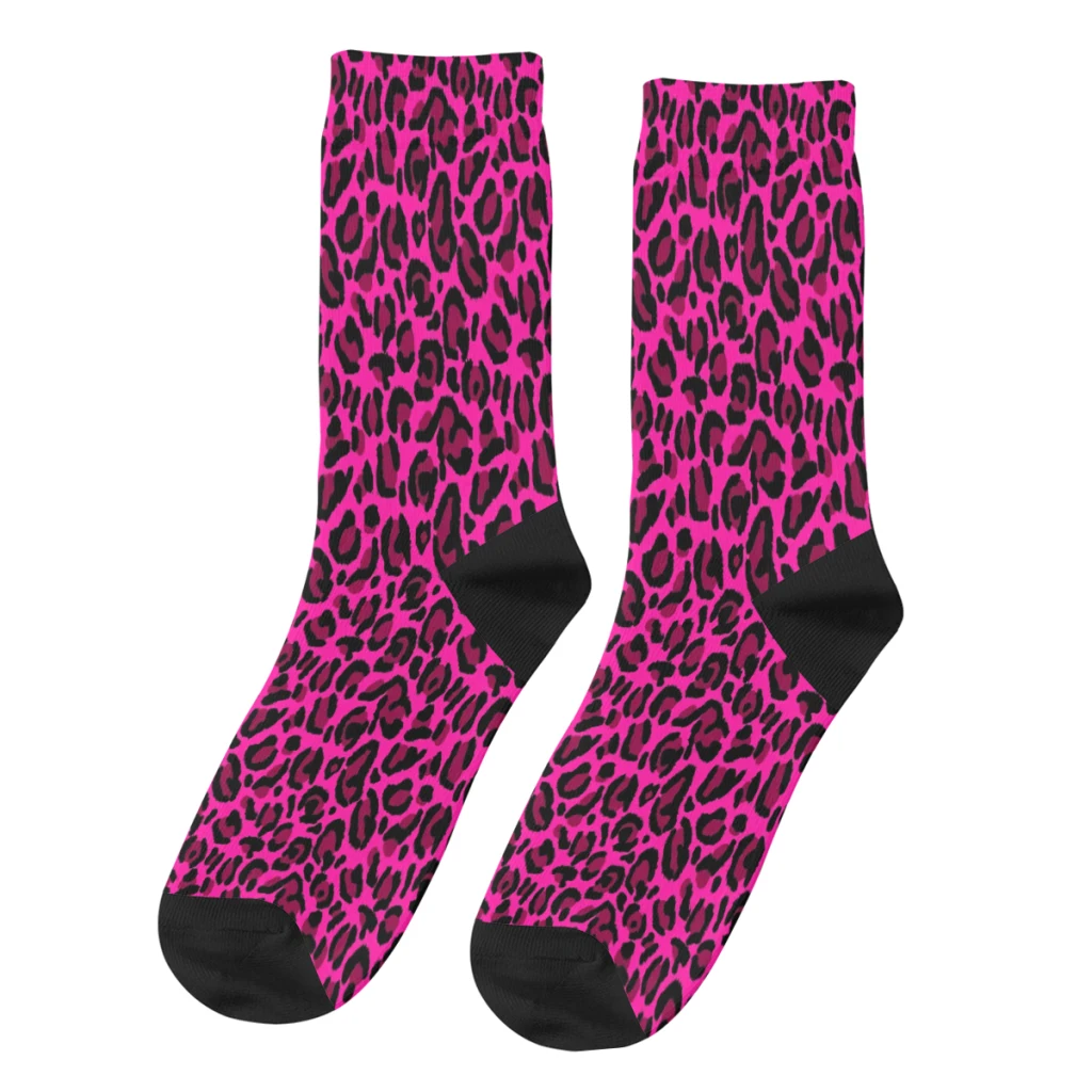 Hot Pink Y2K Aesthetic Leopard Print Straight Socks Male Mens Women Spring Stockings Polyester Polyester