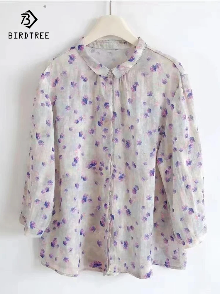 

New Spring Cotton Linen Printed Shirt Women 3/4 Sleeve Lapel Tops Girl Loose OL Literature Casual Blouses 2024 Summer T45792QC