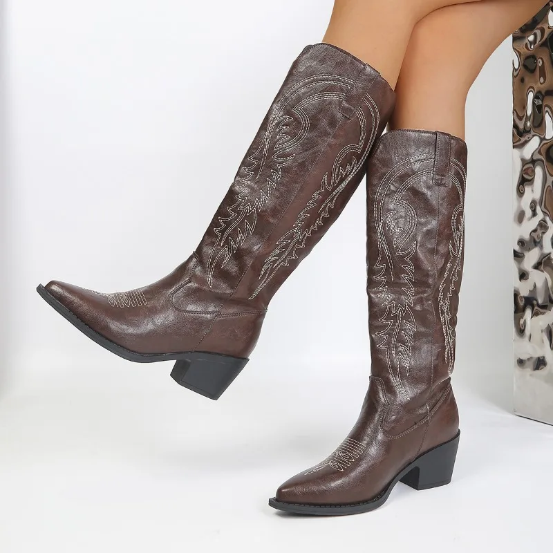 2026 New Pointed Toe Western High Heel Women's Knee High Boots Fashion Block Heel Embroidery Casual Comfort Boots for Women