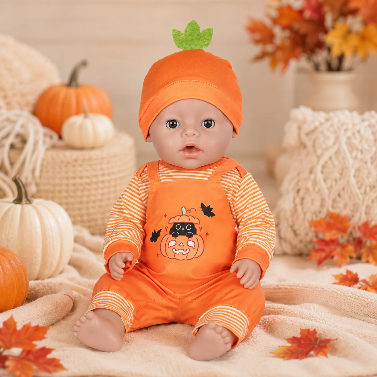 Halloween Doll Clothes 3PCS Set for 16-18 Inch Reborn Baby Doll Pumpkin Outfit Hat Top Overalls for 40-45cm Doll Toys Girls Gift