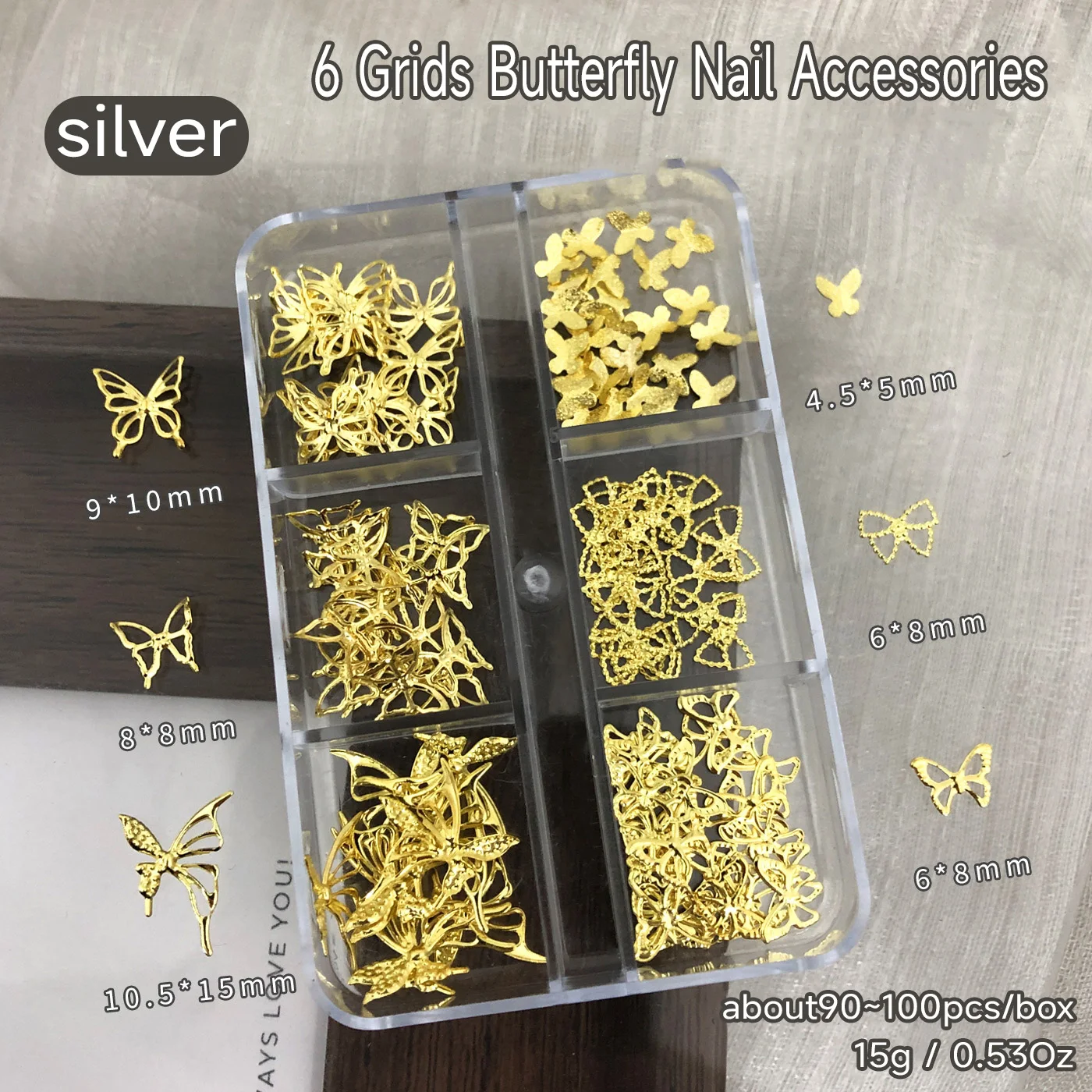 6 grilles 3D Rivet papillons Vintage Style européen décors d'ongles or/argent creux papillon Nail Art bricolage scintillant ongles Accents *