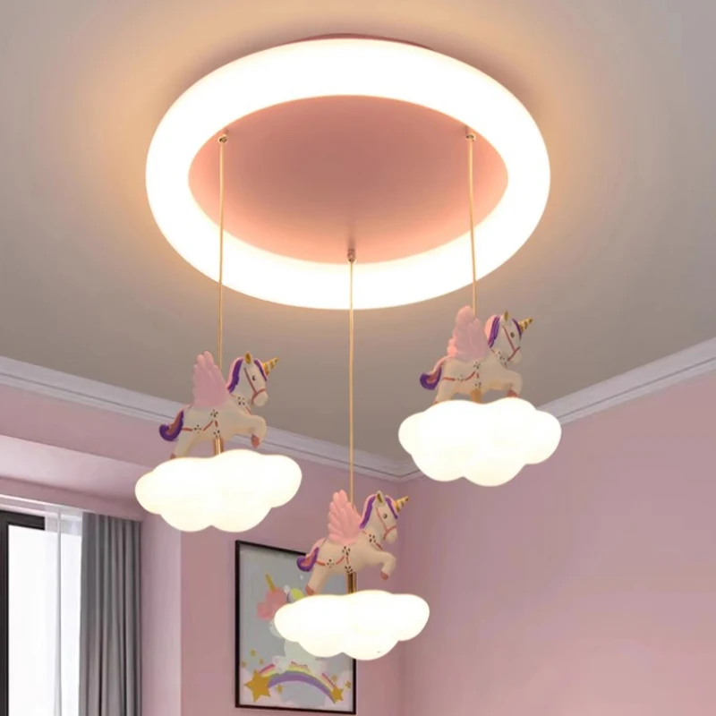 Warm Romantic Princess Room Chandelier Cute Cloud Unicorn Lamp LED Modern Nursery Little Girl Bedroom Children\'s Room Chandelier