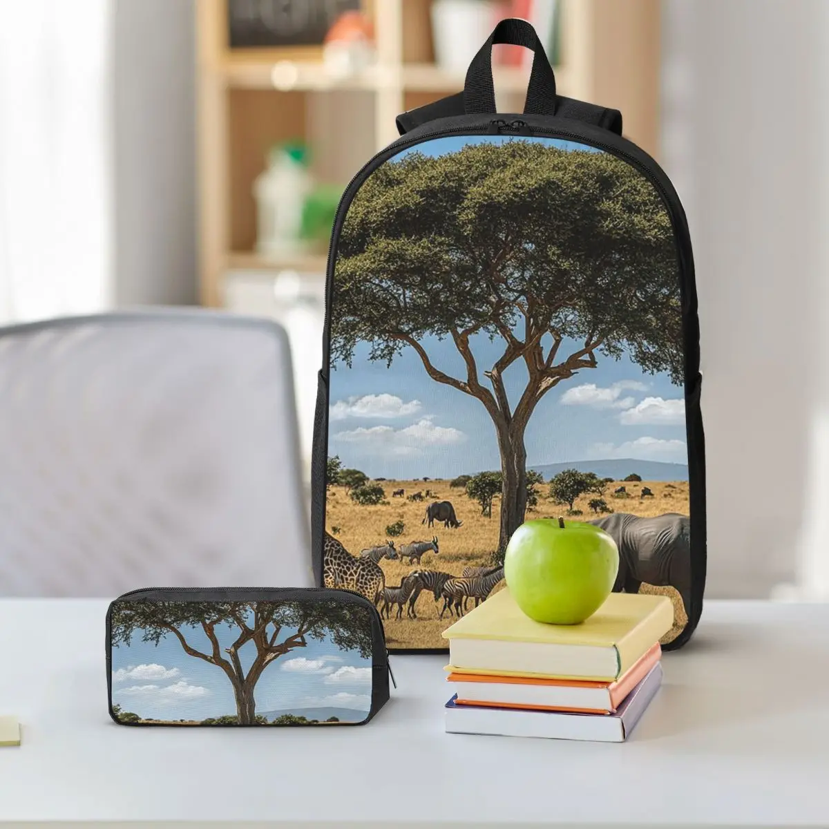 African Savanna Wildlife Theme Backpack Boys Girls BookBag School Bag Shoulder Bags 3ps Insulated Lunch Bag Pencil Case