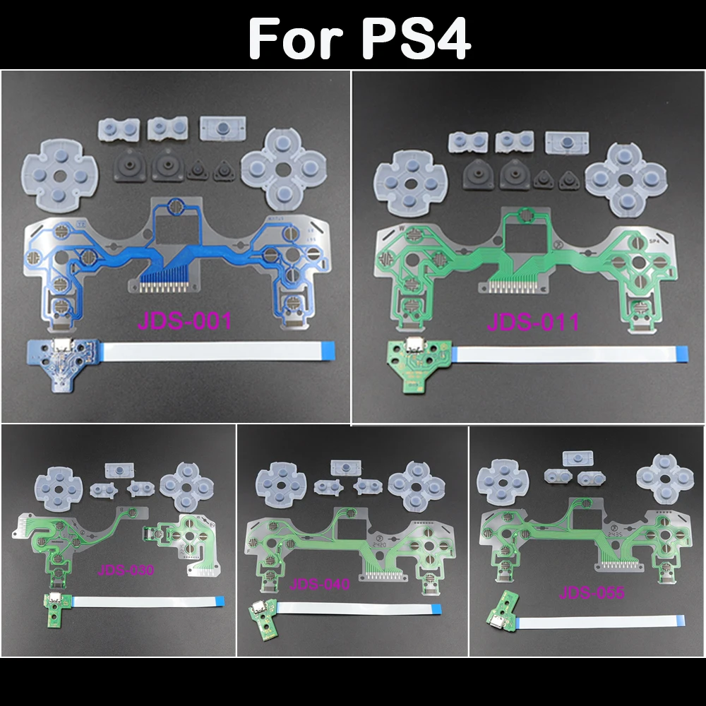 1 Juego de almohadillas de botón de goma de silicona de película conductora y placa de puerto de carga Micro USB para controlador PS4 JDS-001 011 030 040 050 055