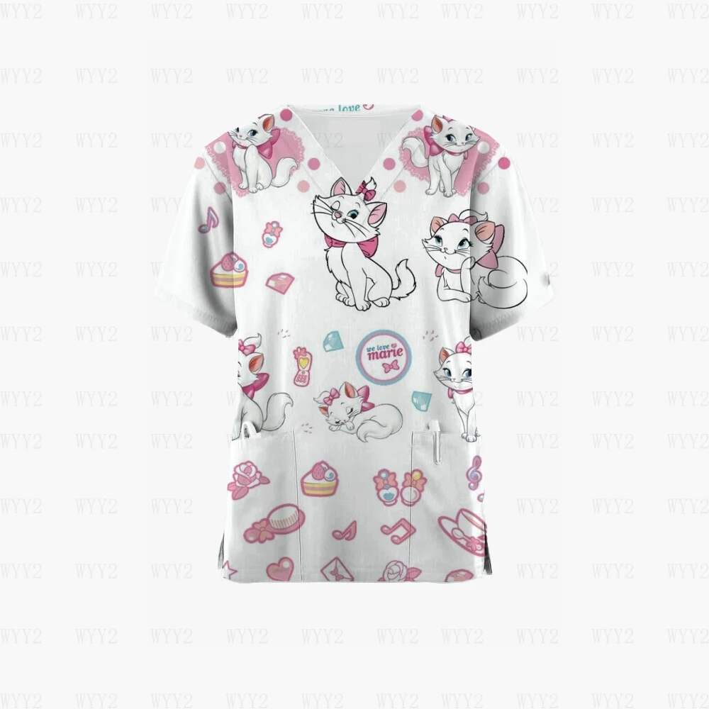 Disney Marie Cat Printed T-shirt Women's V-neck Short Sleeve Summer Nurse Uniform 2024 Scrub Doctor Work Uniform