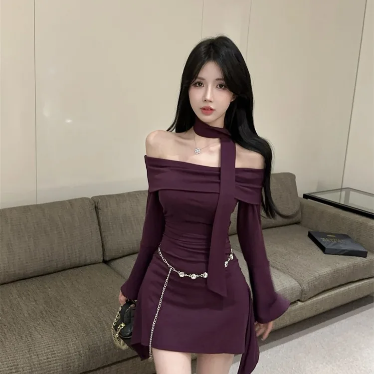 

Spicy Girl Design Sensation Неравномерный расклешенный све Sa Chain Dr с высокой талией Long Sve ort Dr H-ape