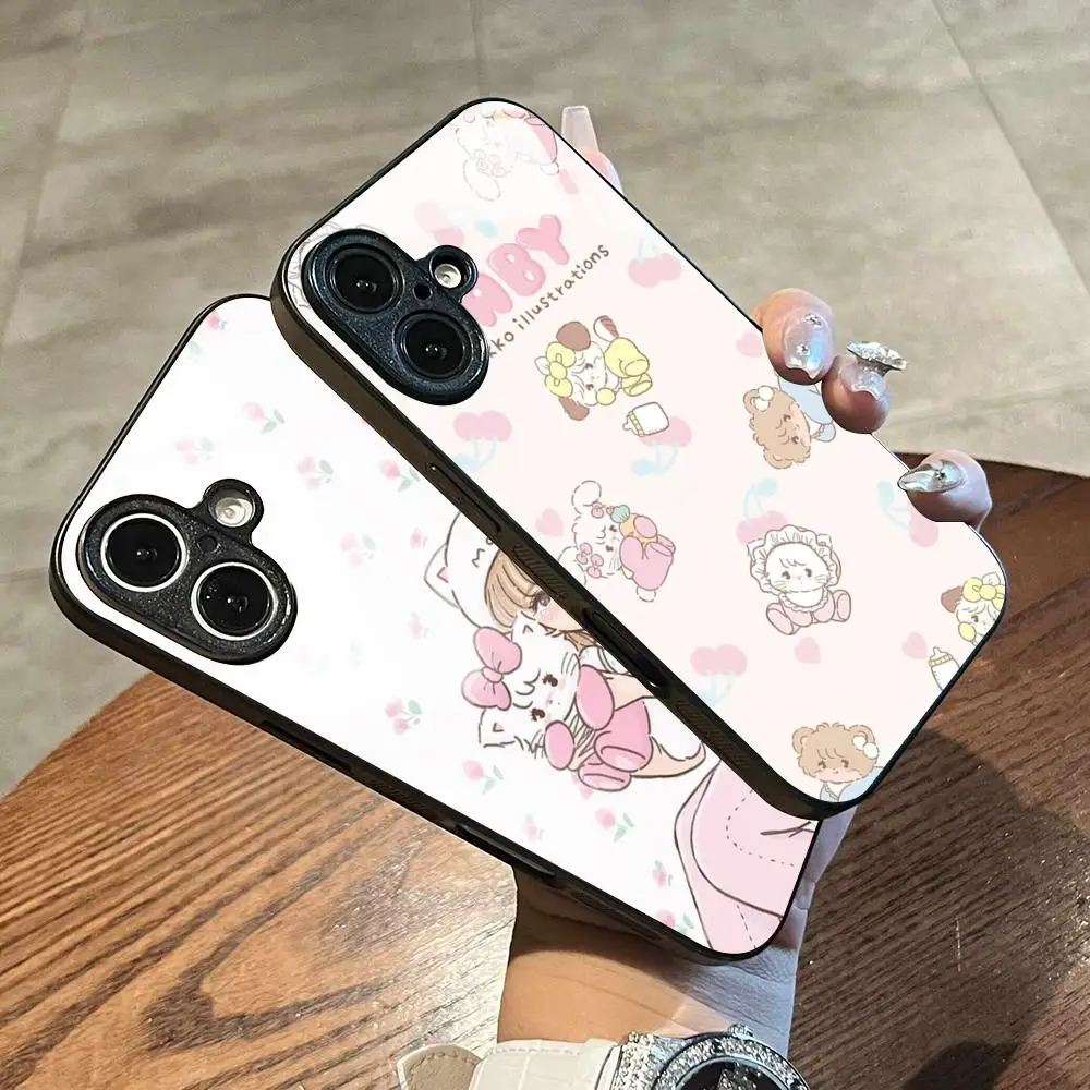 Милый чехол для телефона с дизайном Микко (розовый) для iPhone 17 Air, 16, 15, 14, 13, 12, 11 Plus, Mini, Pro, Max, стеклянный магнитный чехол