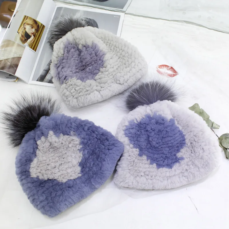 Natural Rabbit Fur Hat For Women Thickened Warm Fur Hat With Fox Fur Ball Elastic Knitted Bomber Caps Fluffy Genuine Fur Hats