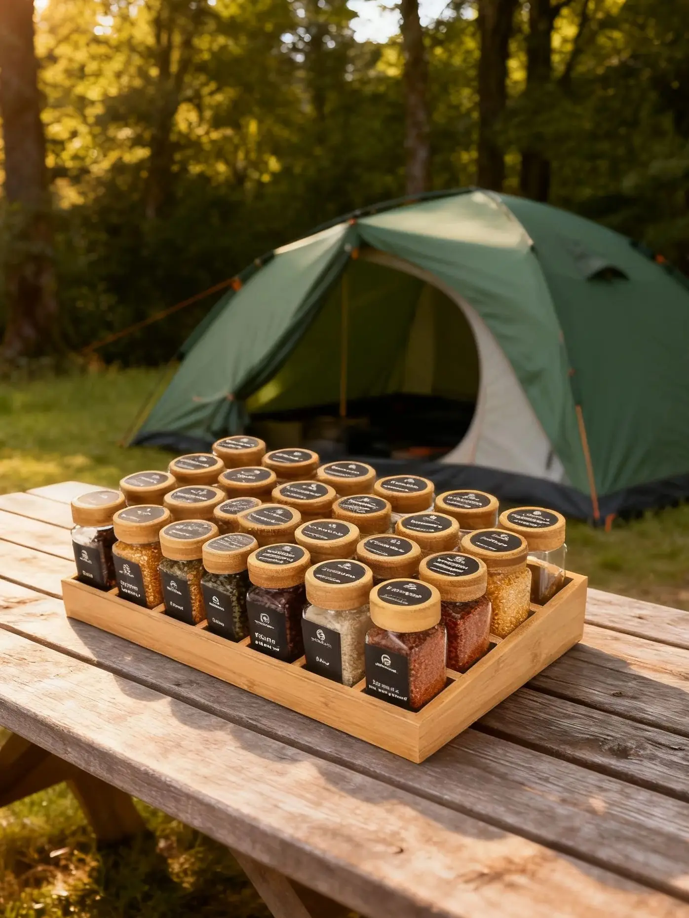 SAEIV Gewürzglas-Set mit Bambusregal, 12/24 Stück Hochborosilikatglas Gewürzdosen mit Dichten Bambusdeckeln, inklusive Etiketten & Marker, Spice Jars für Küchenorganisation & Aufbewahrung
