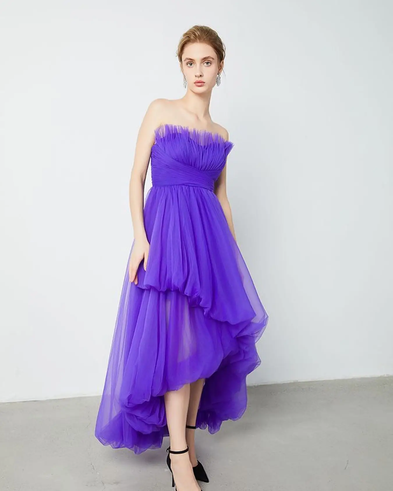 

Customized Modern Strapless Ankle Length Evening Dress Temperament A-Line Organza Pleats Purple Party Gown vestidos para mujer