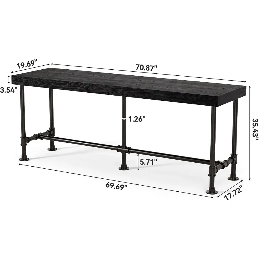 70.9-Inch Long Solid Wood Bar Table for 6-8 People, Industrial Narrow Counter Height Pub Table with Metal Footrest, Rectangular