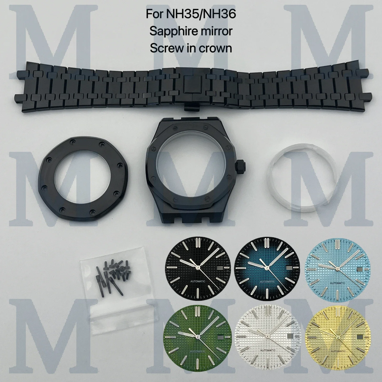 

41mm Black NH35 case stainless steel strap 31.8mm dial hands sapphire glass waterproof for MOD OAK NH35 NH36 automatic movement